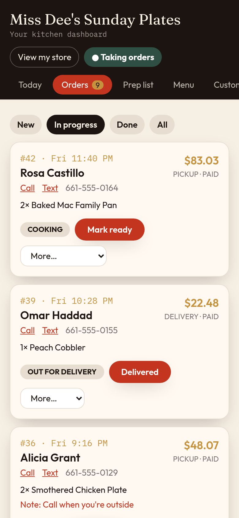 Owner dashboard: Orders